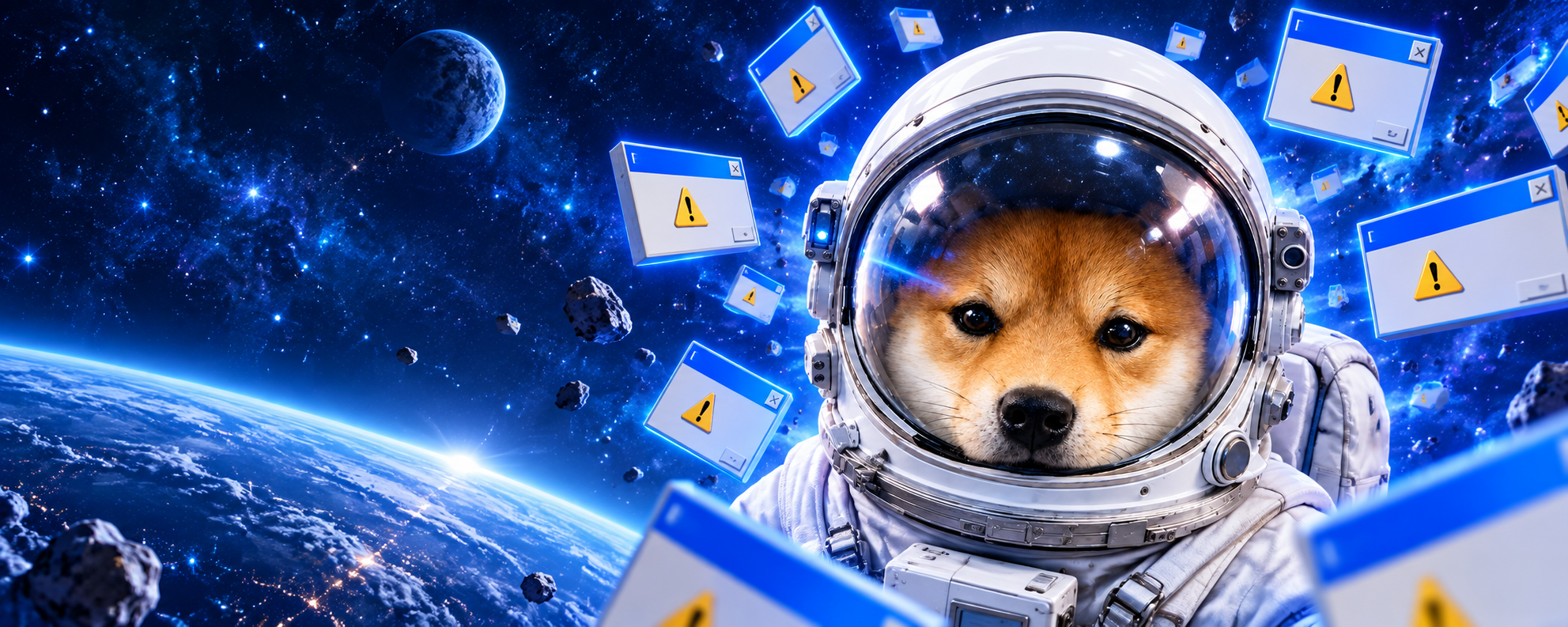 A Shiba Inu astronaut floating through space among playful retro error windows